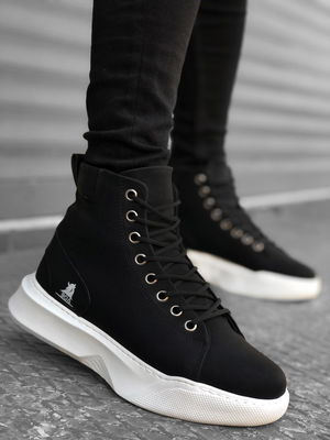 Lace-Up Men's High Sole Black White Sole Sport Boots