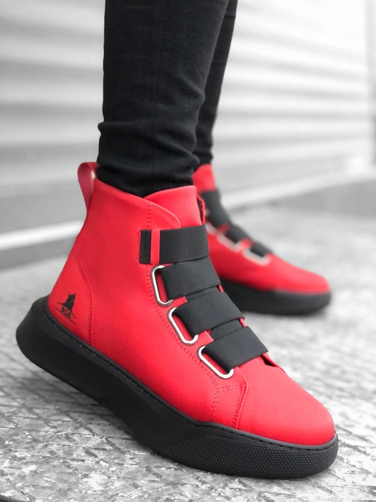 Men's High Sole Red Sport Boots with Straps