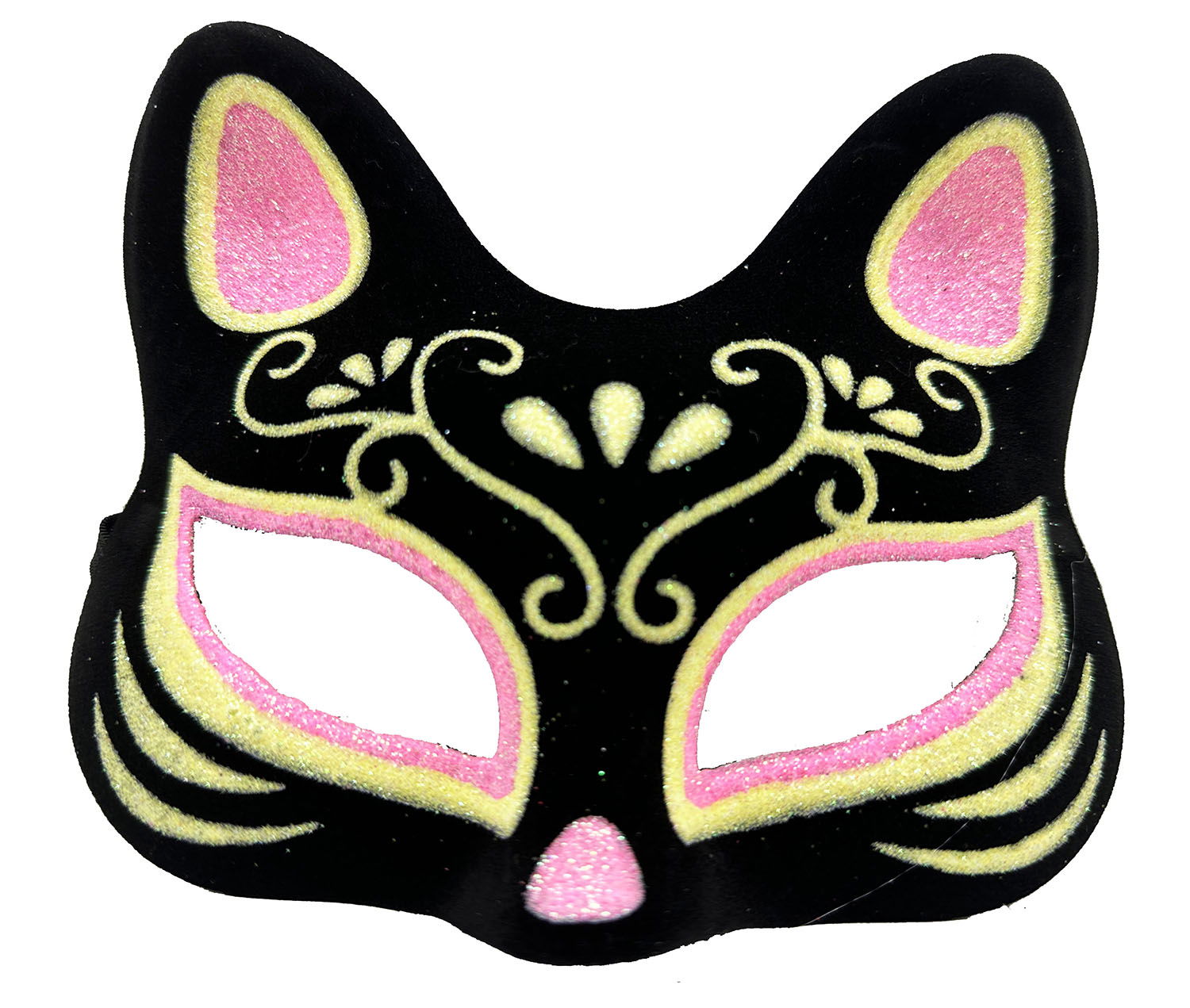 Black Color Suede Coating with Pink Yellow Glitter Cat Mask 17x14 cm