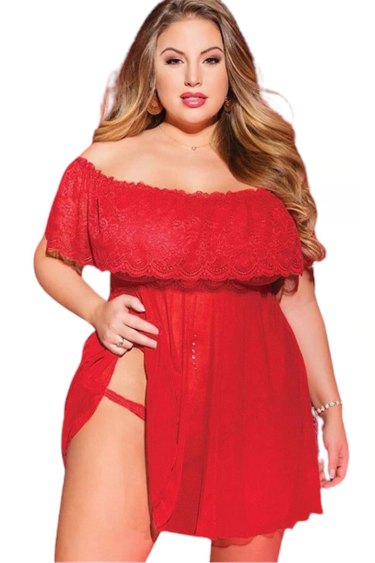 Night Light Women's Red Top Lace Bottom Lycra Tulle Fantasy Plus Size Nightdress 3174