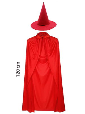 Adult Size 120 cm Red Collared Cape and Red Witch Hat