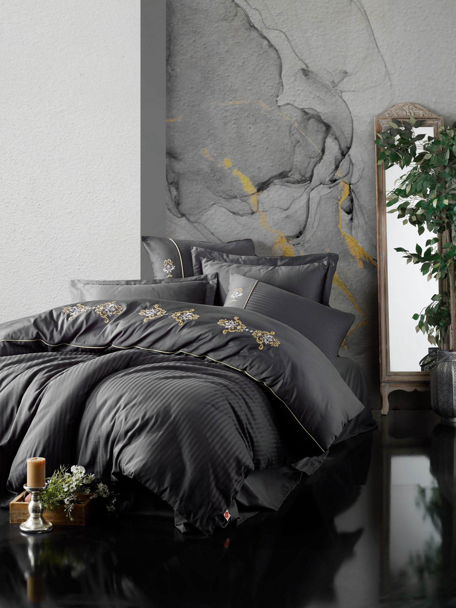 Embroidered Double Satin Duvet Cover King Anthracite