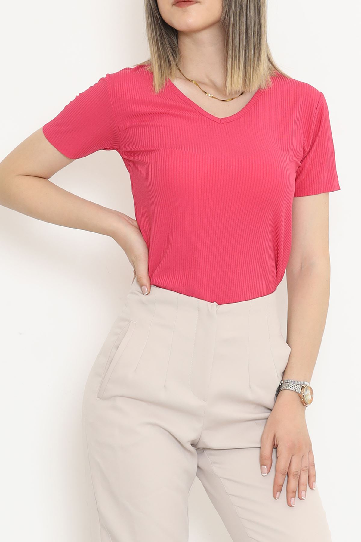 V-Neck T-Shirt with Slits Fuchsia