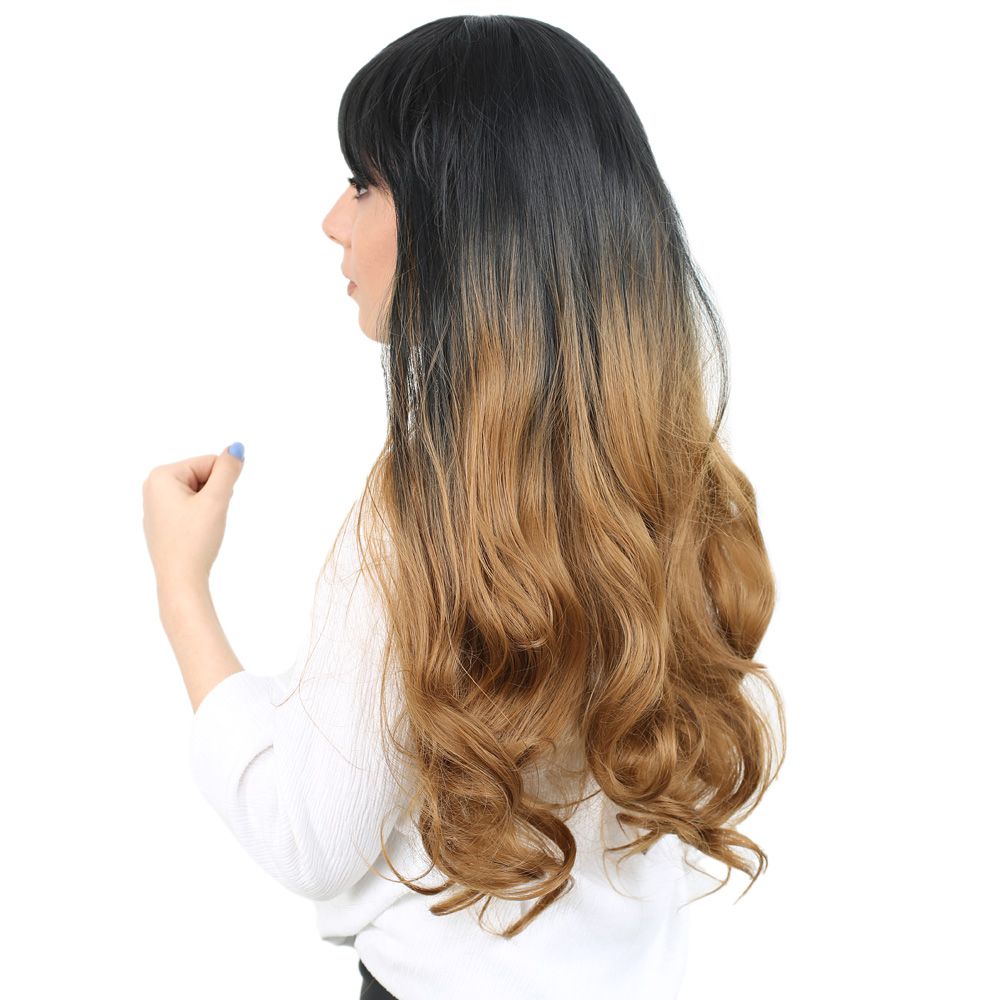 Long Wavy Kanekalon Fiber Synthetic Wig with Custom Bangs / Black / Caramel Ombré