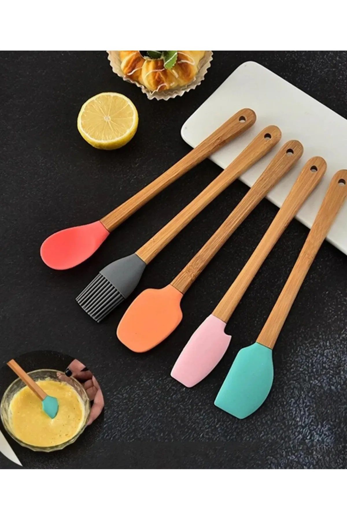 5-Piece Colorful Wooden Handle Silicone Tipped Spatula Spoon Set with Brush -Dish Prep Set 21 Cm