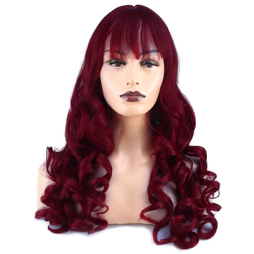 Long Kanekalon Fiber Synthetic Wig with Wavy Custom Bangs / Red