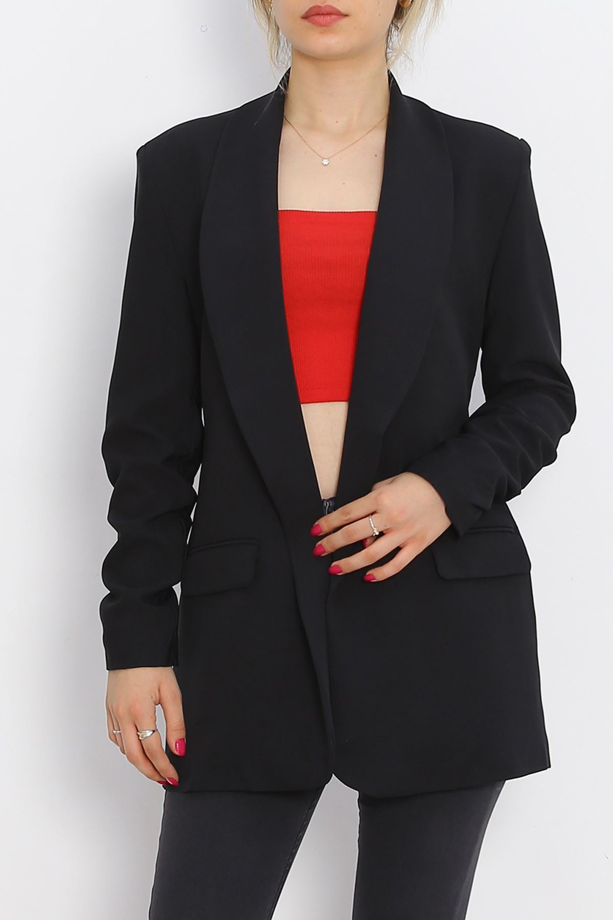 Sleeve Shirred Blazer Jacket Black