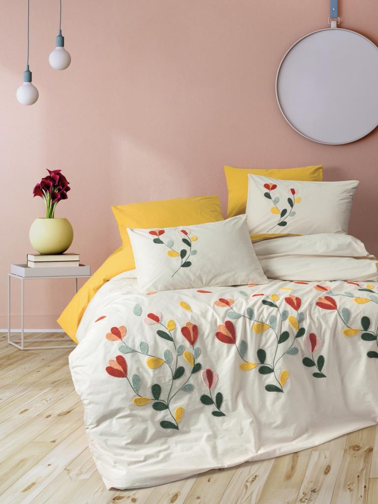 Puff Embroidered Ranforce Double Duvet Cover Nella Mustard