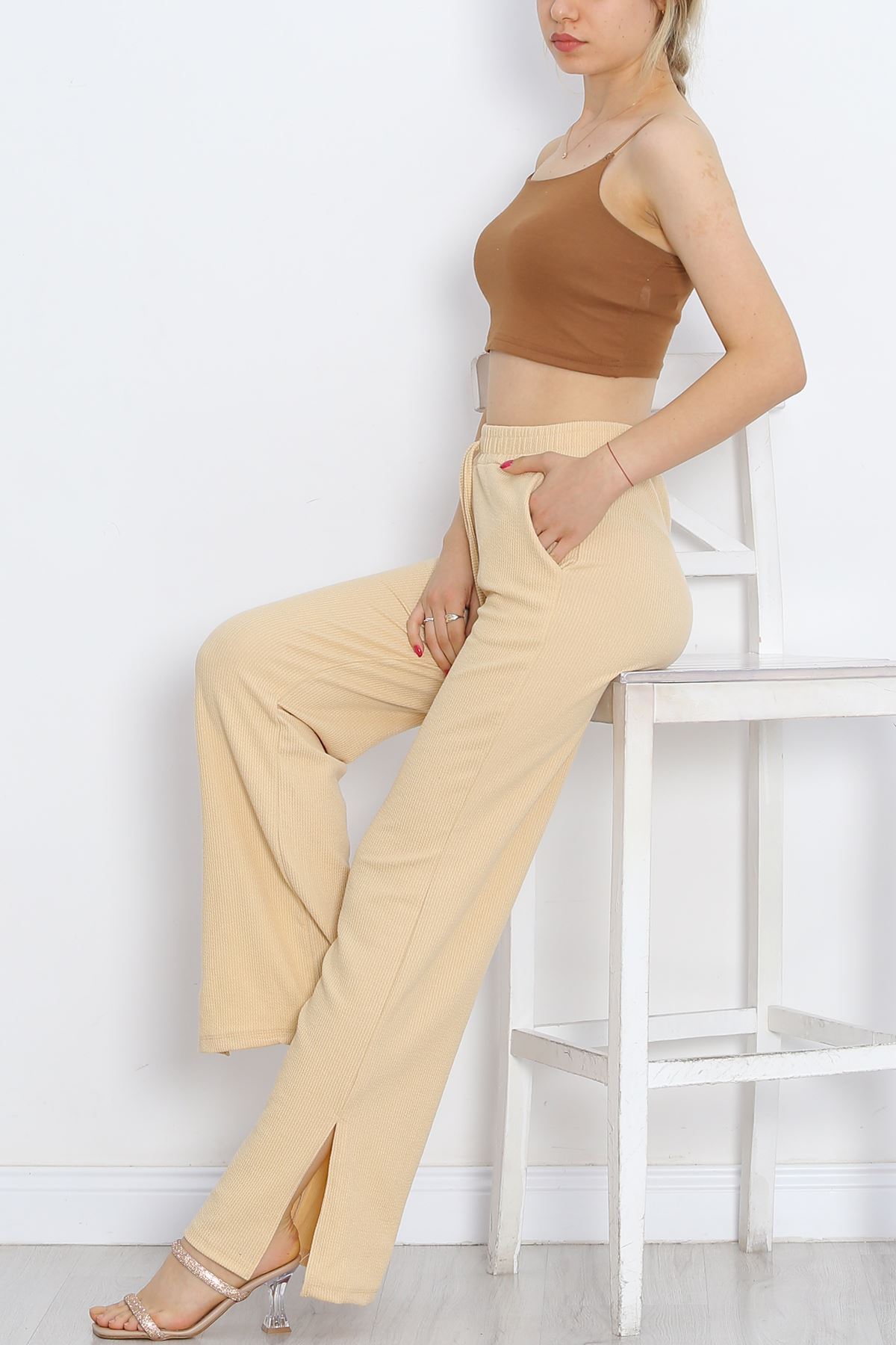 Trousers with Cuff Slits Beige