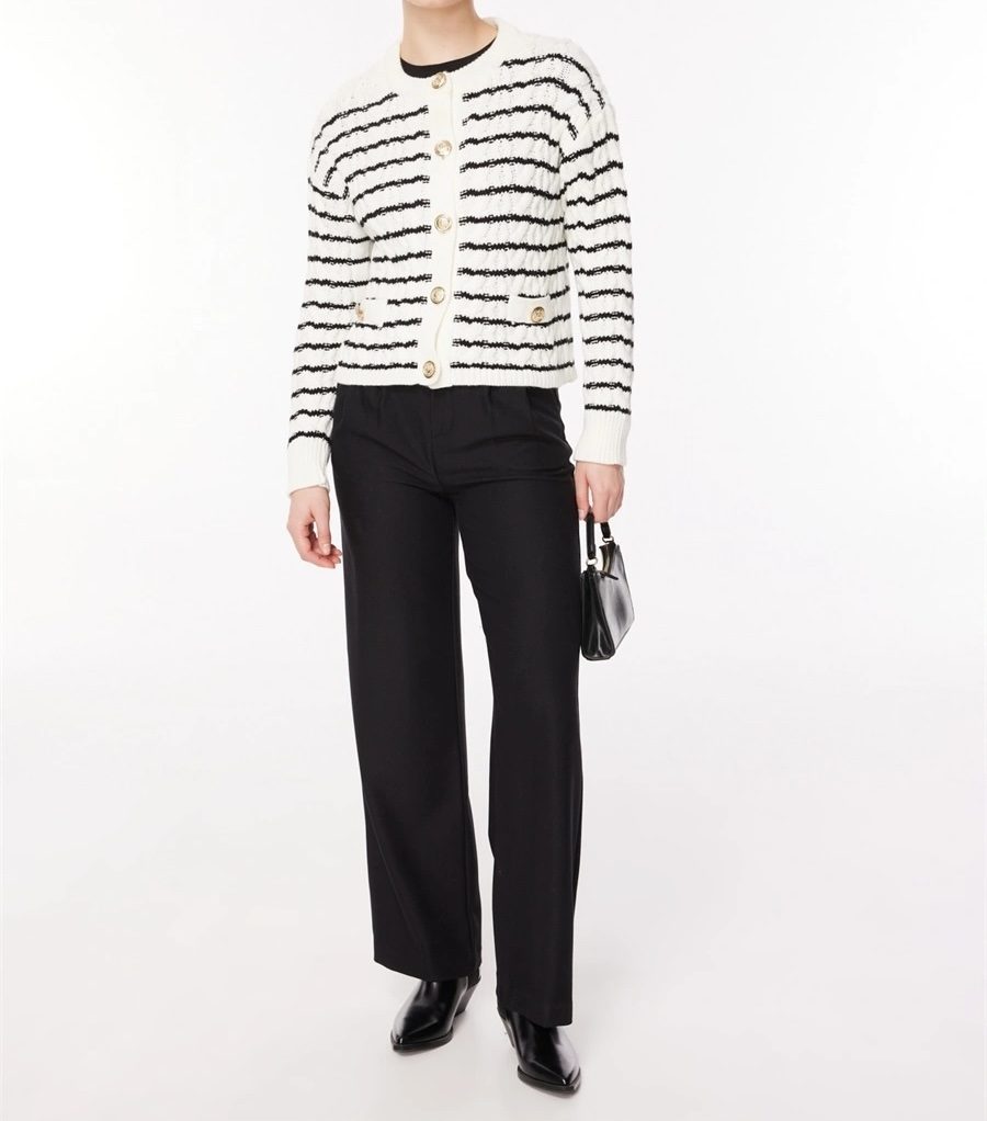 Women's Ecru-Black Striped Reverse Knit Sweater Cardigan