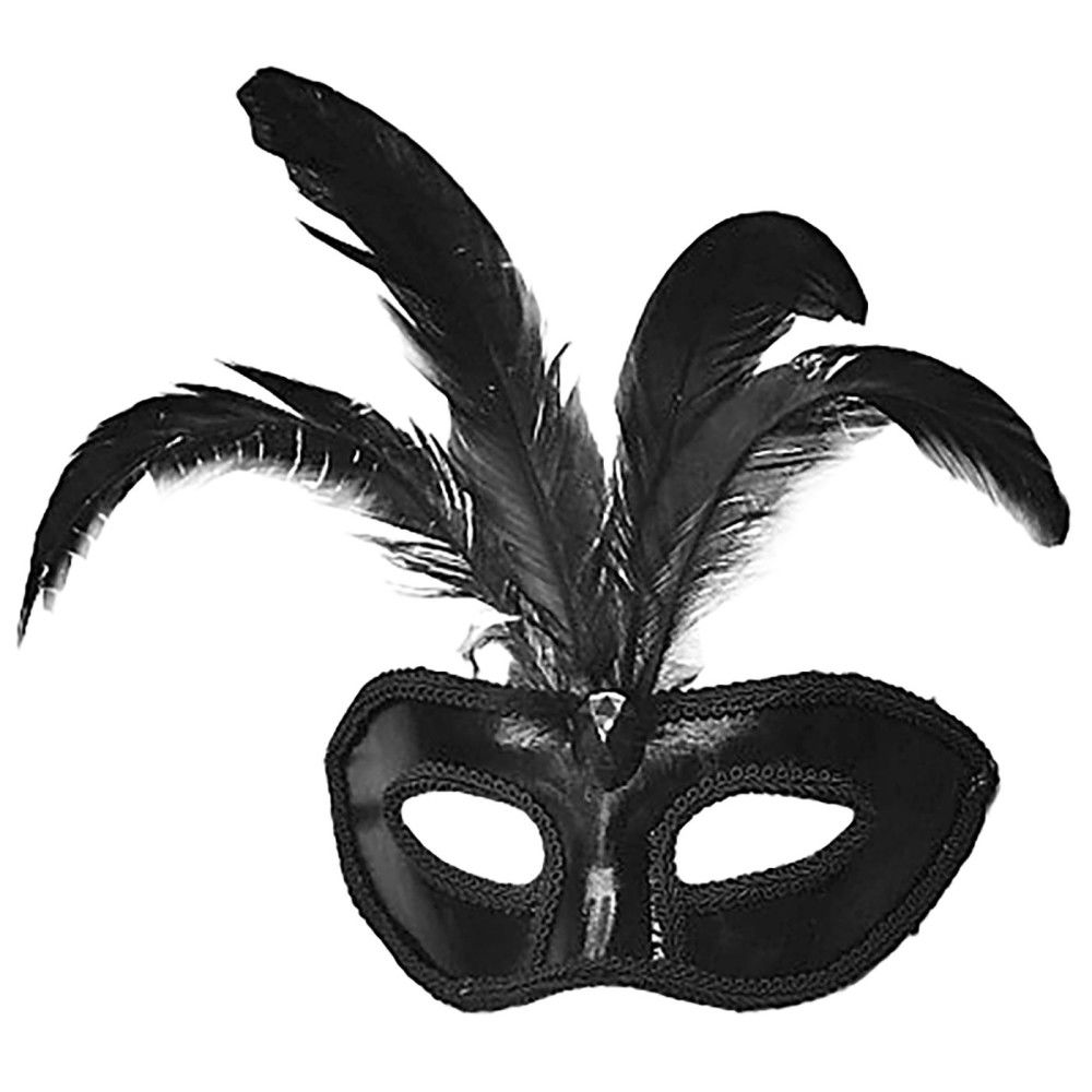 Black Color Patent Leather Coating Red Feather Party Mask 18x20 cm