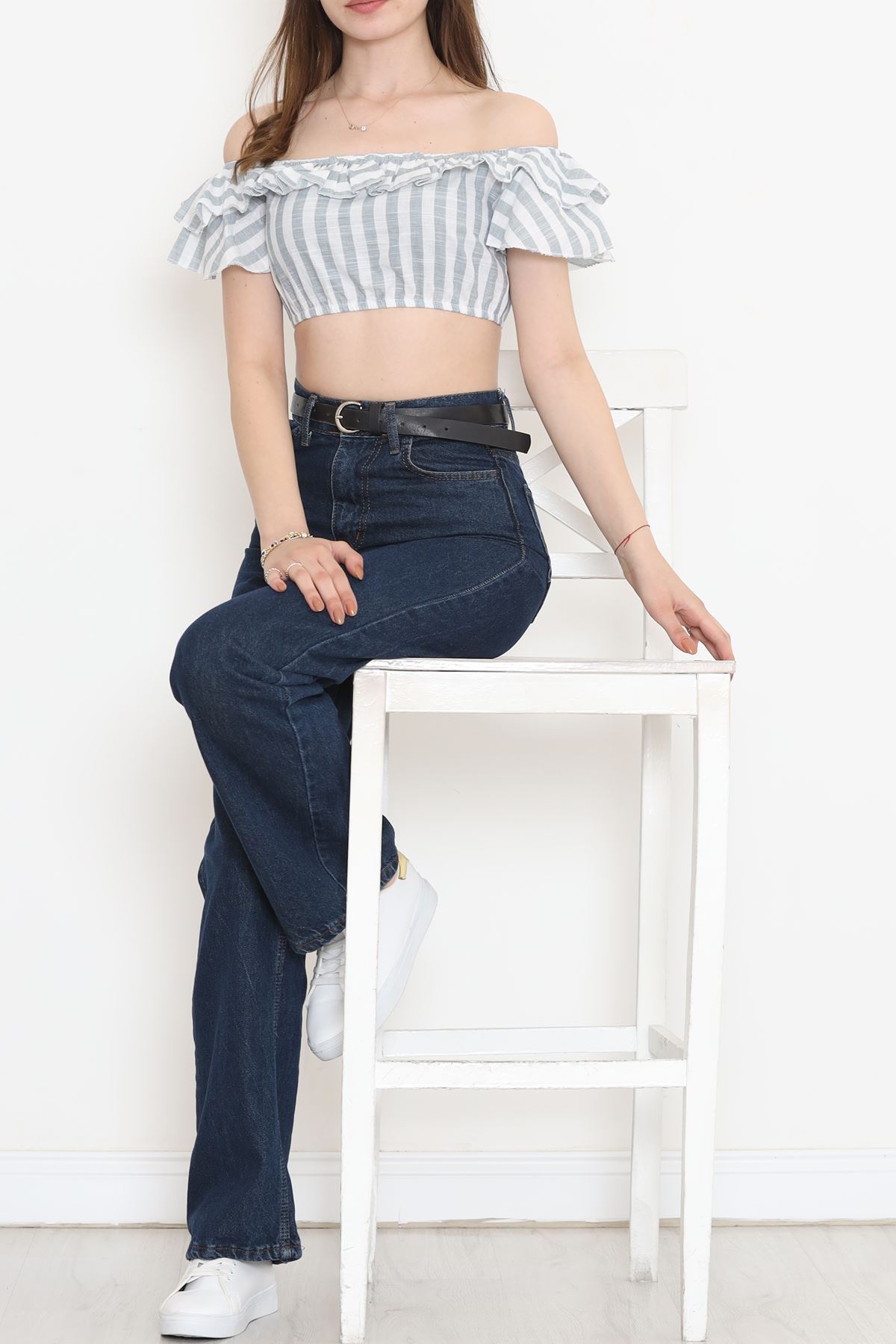 Striped Crop Blouse Grey-White