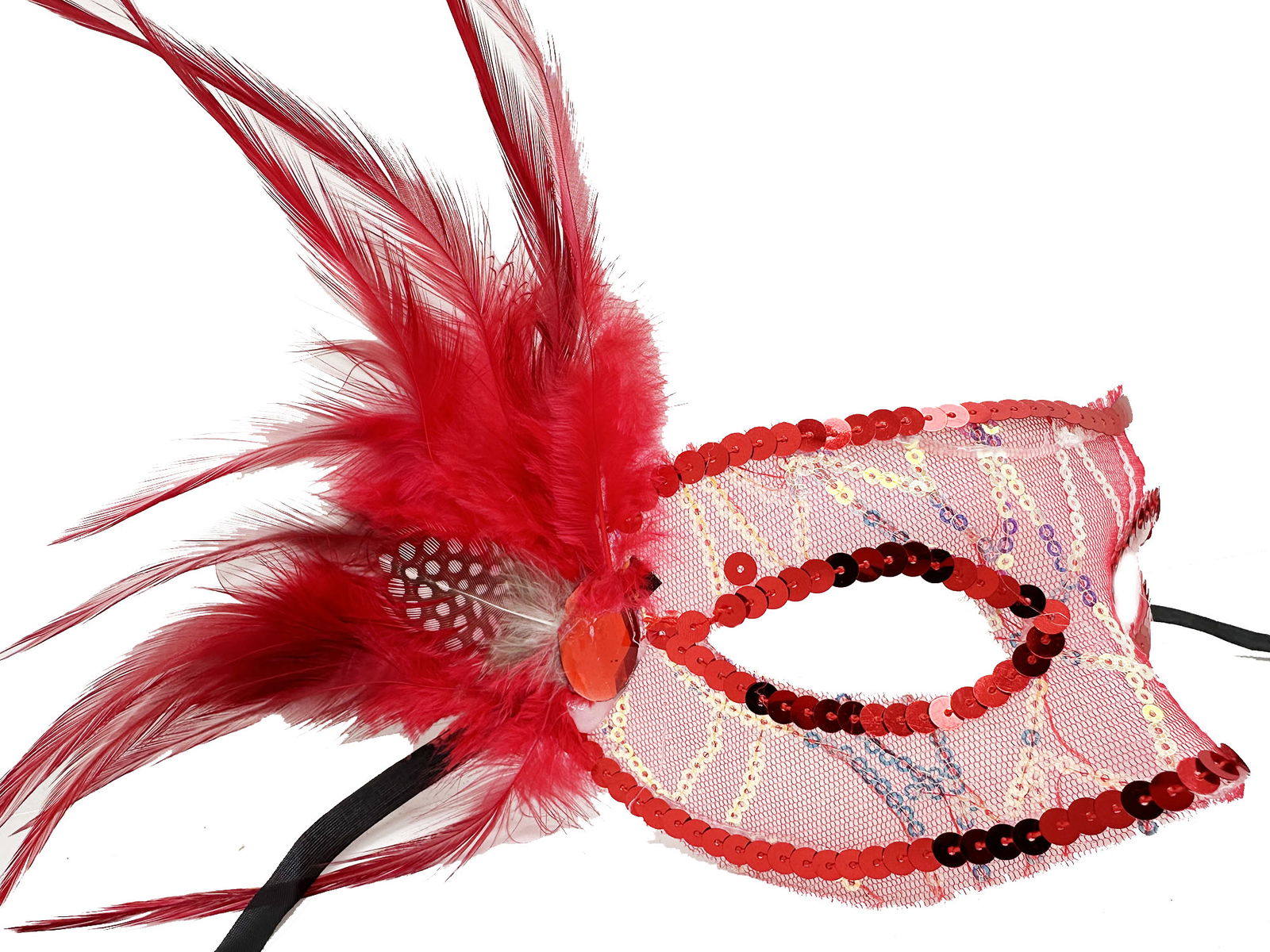 Red Color Side Feather Sequin Embroidered Party Mask 23x12 cm