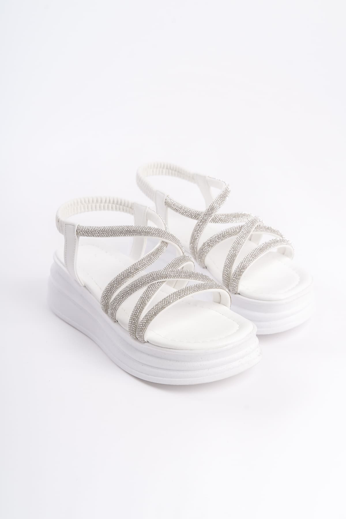 CLZ948 Rubberized Stone Stripe Orthopedic Sole Women's Sandals BT White