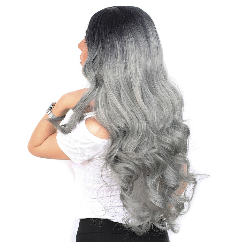 Super Dense Wavy Kanekalon Fiber Synthetic Long Bangs Toupee / Black / Gray Ombré