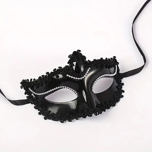 Black Color Matte Party Mask Venetian Prom With Ruched Stone Edges