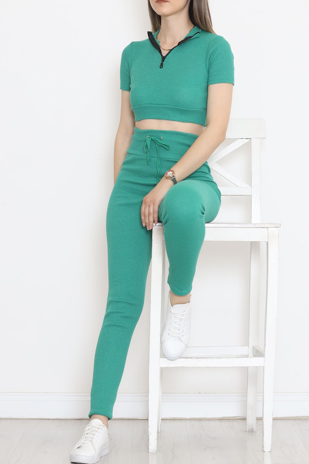 Camisole Zippered Short Sleeve Suit Green