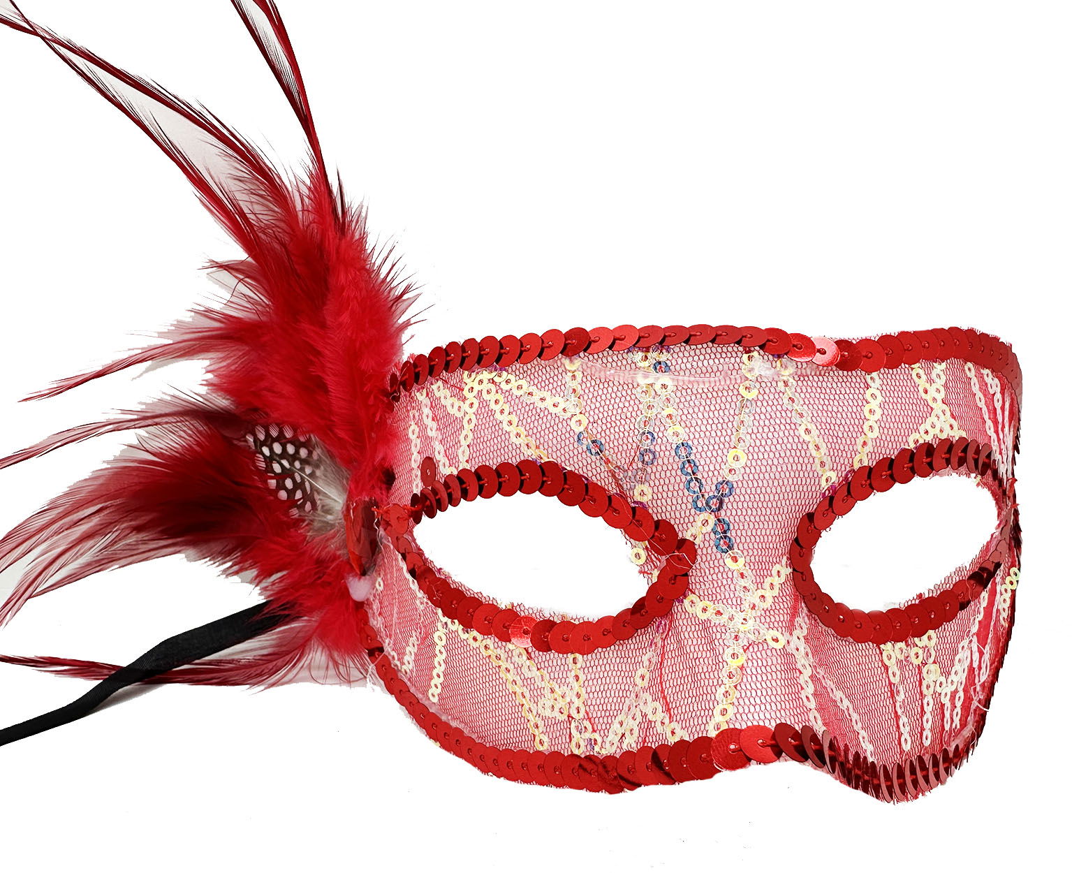 Red Color Side Feather Sequin Embroidered Party Mask 23x12 cm