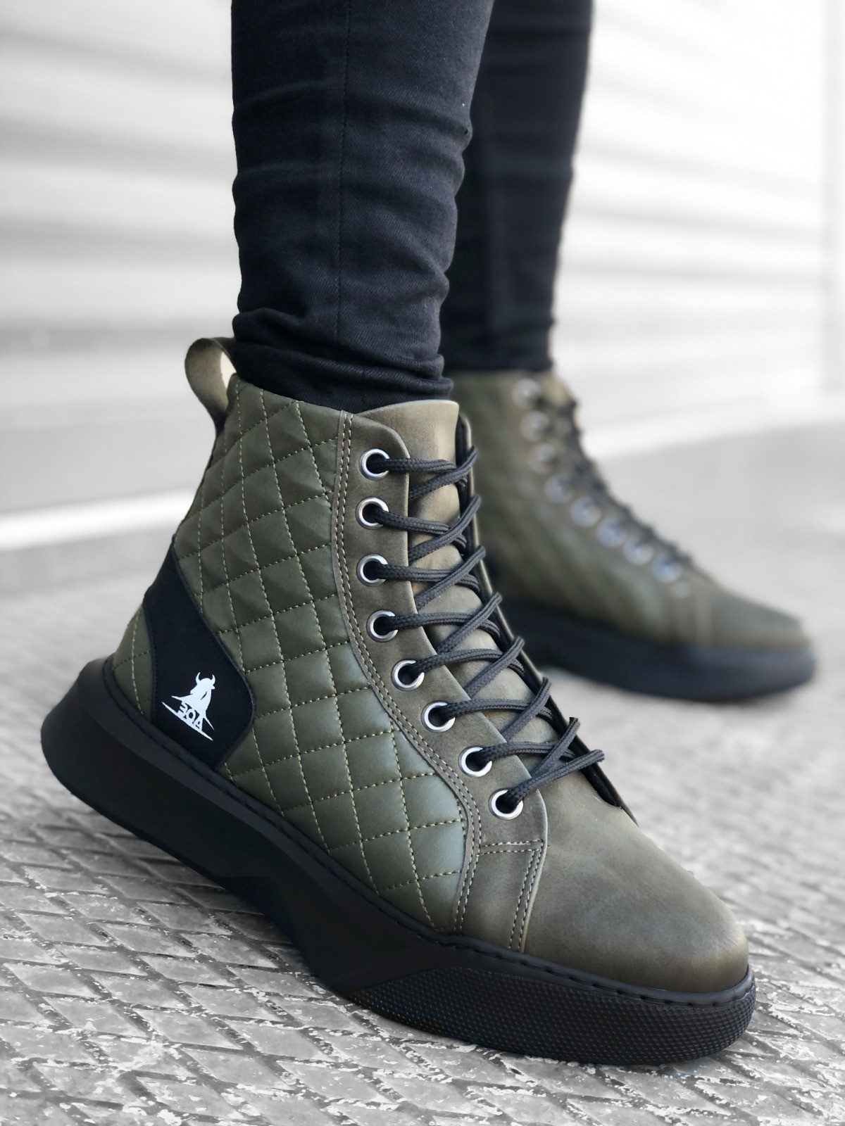 Lace-up Khaki Quilted Men's High Sole Sport Boots