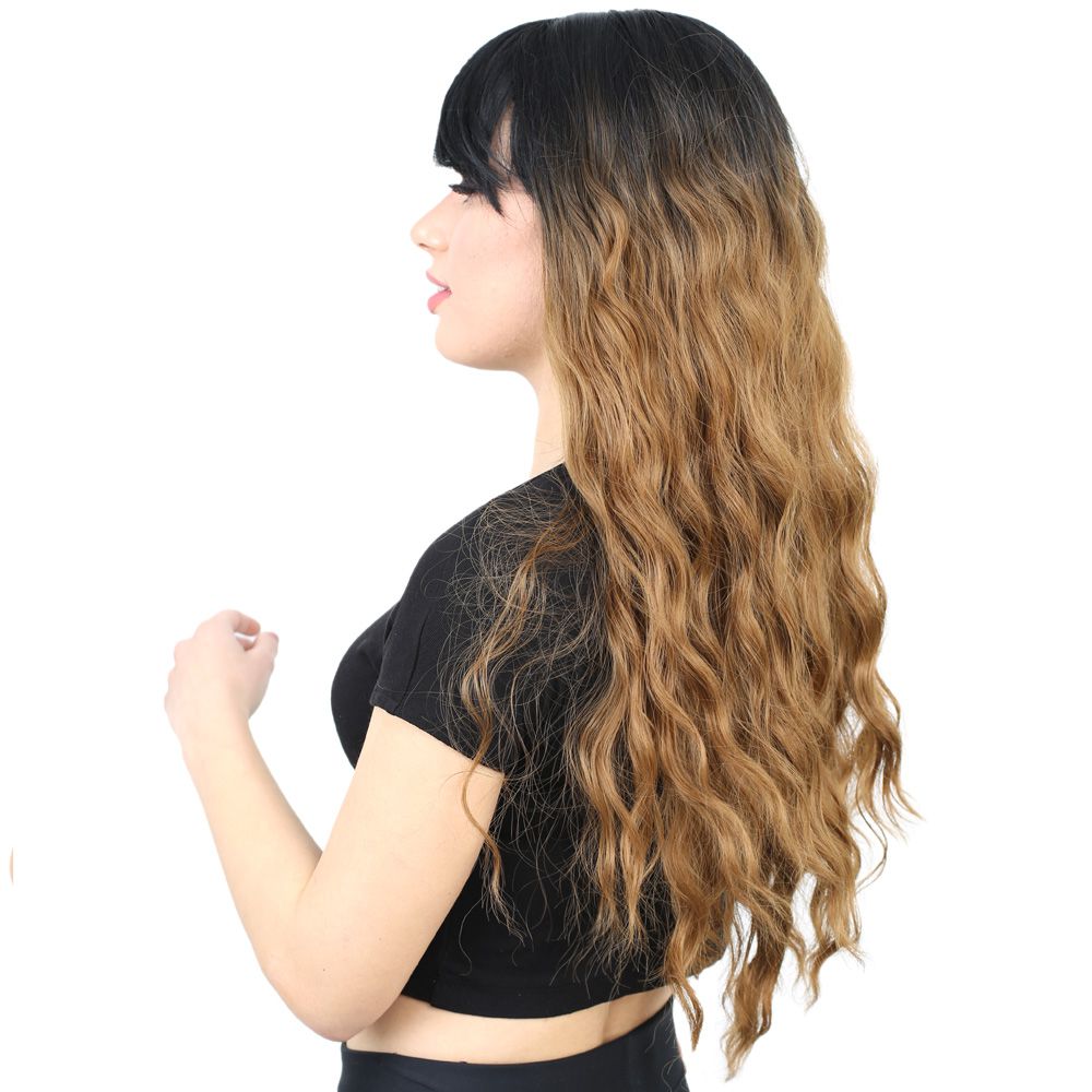 Kanekalon Fiber Synthetic Wig with Long Water Wavy Look with Special Bangs / Black / Caramel Ombré