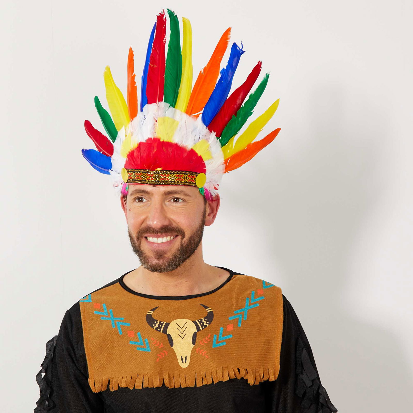 Colorful Real Feathered Native American Headdress with Rubber Bracket