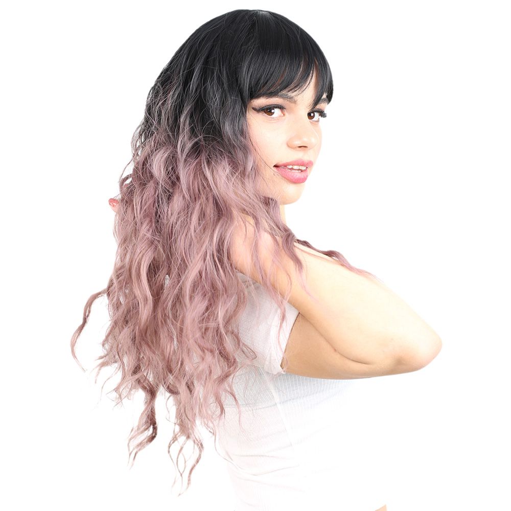 Kanekalon Fiber Synthetic Wig with Long Water Wavy Look with Special Bangs / Black / Rose Dried Ombré