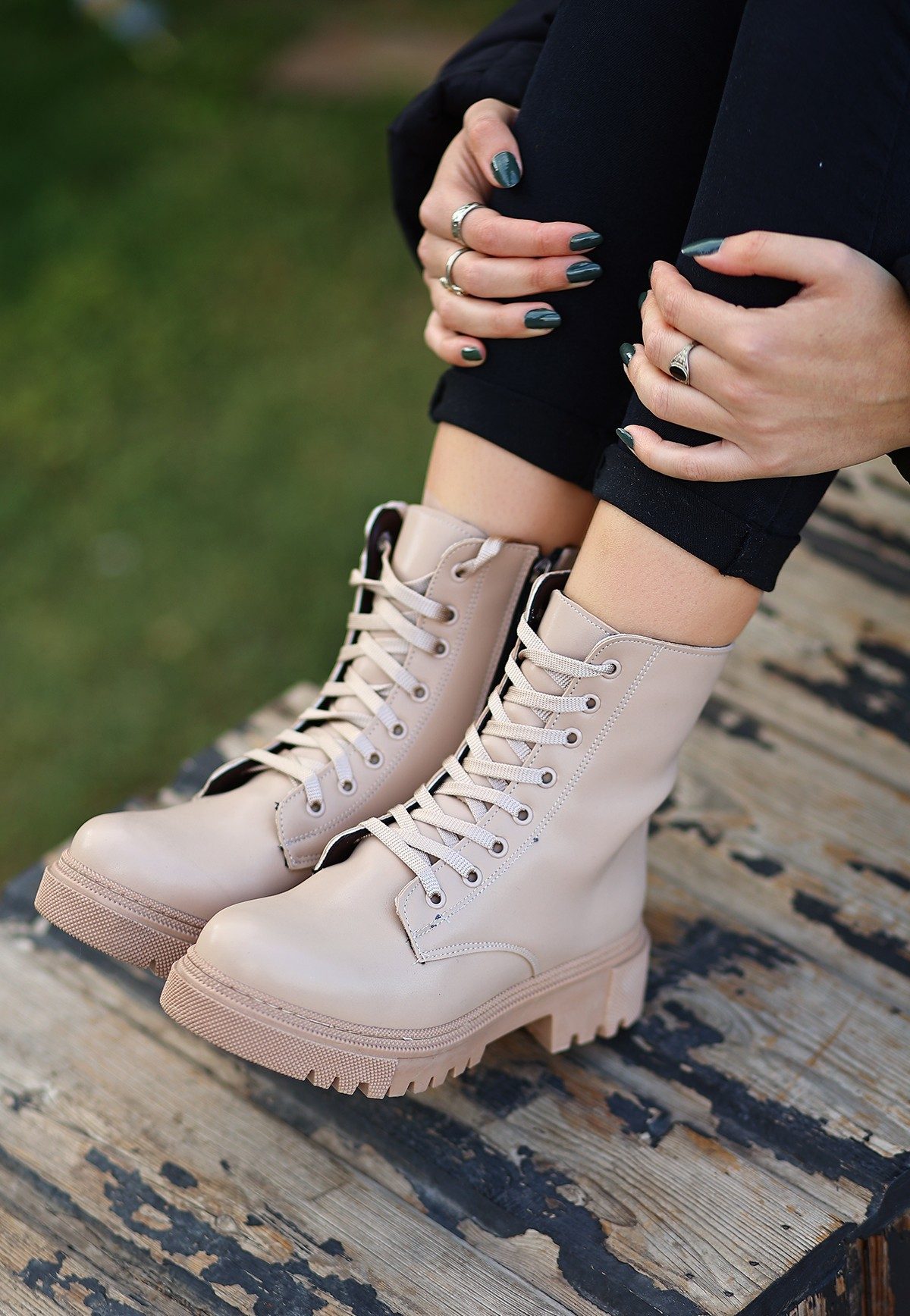 Nude Skin Lace-up Boots