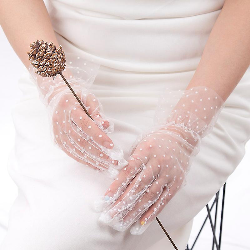 Short Length Guipure White Polka Dot Tulle Gloves White Color