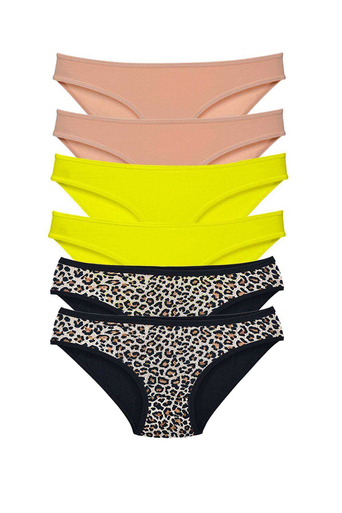 6 Pcs Lycra Women Slip Panties Leopard Skin Yellow