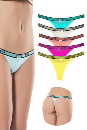 5 Pcs Cotton Women's Thong String Panties with Written Waist