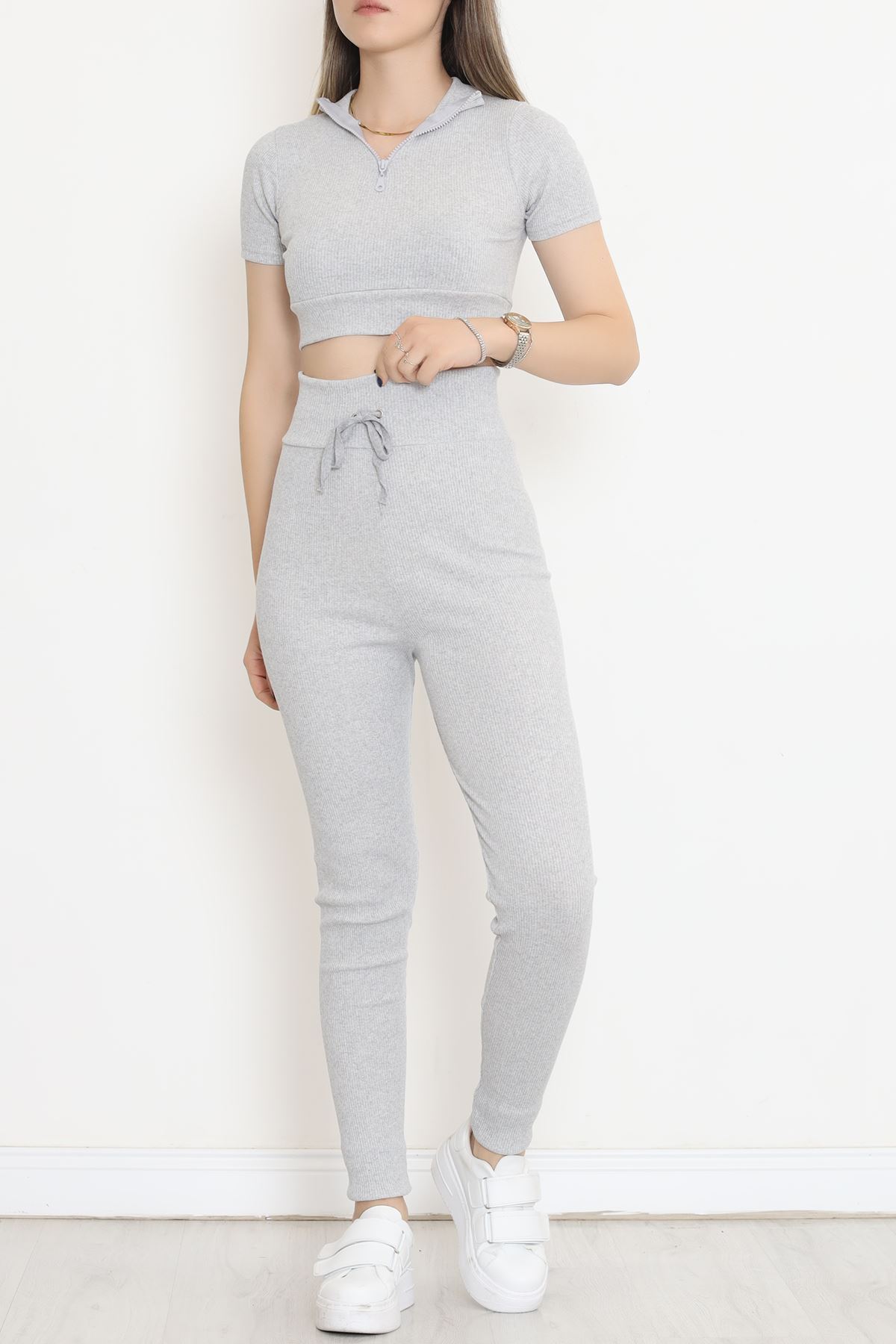 Camisole Zippered Short Sleeve Suit Gray