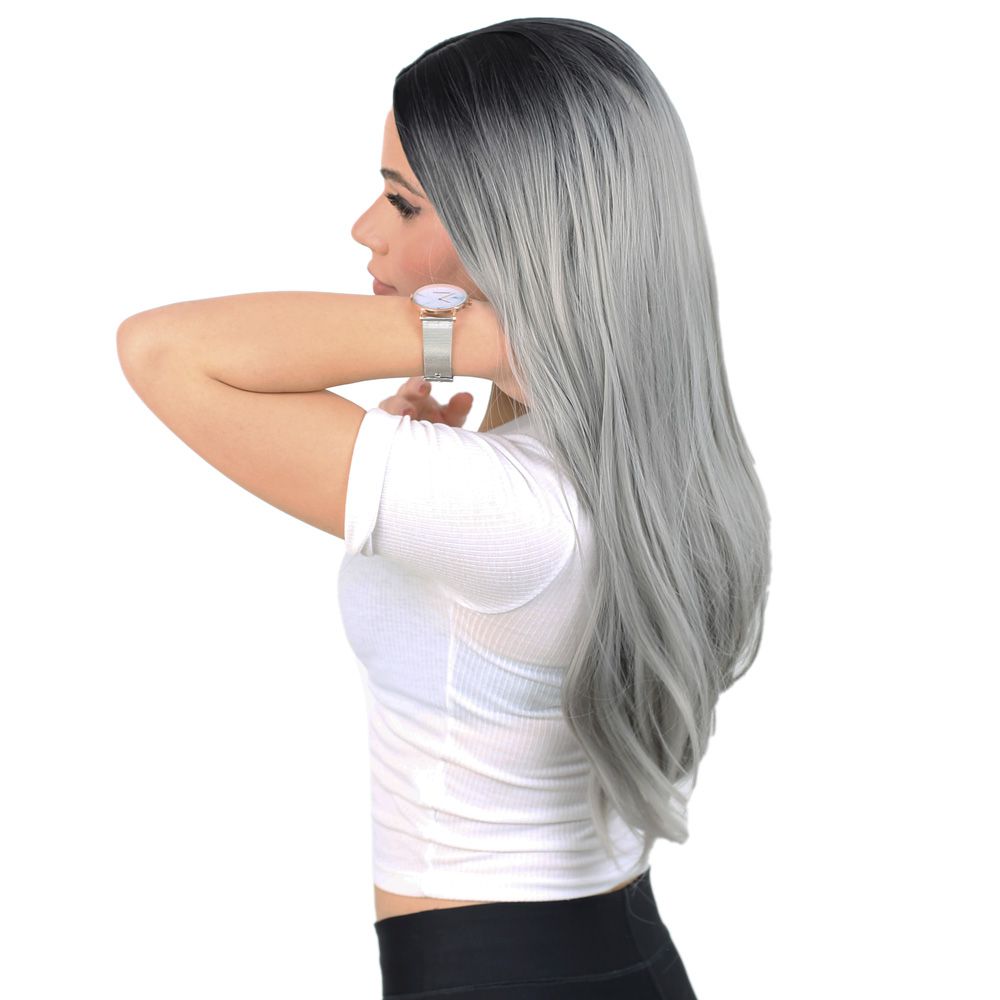 Kanekalon Fiber Synthetic Long Straight Wig / Black / Gray Ombré