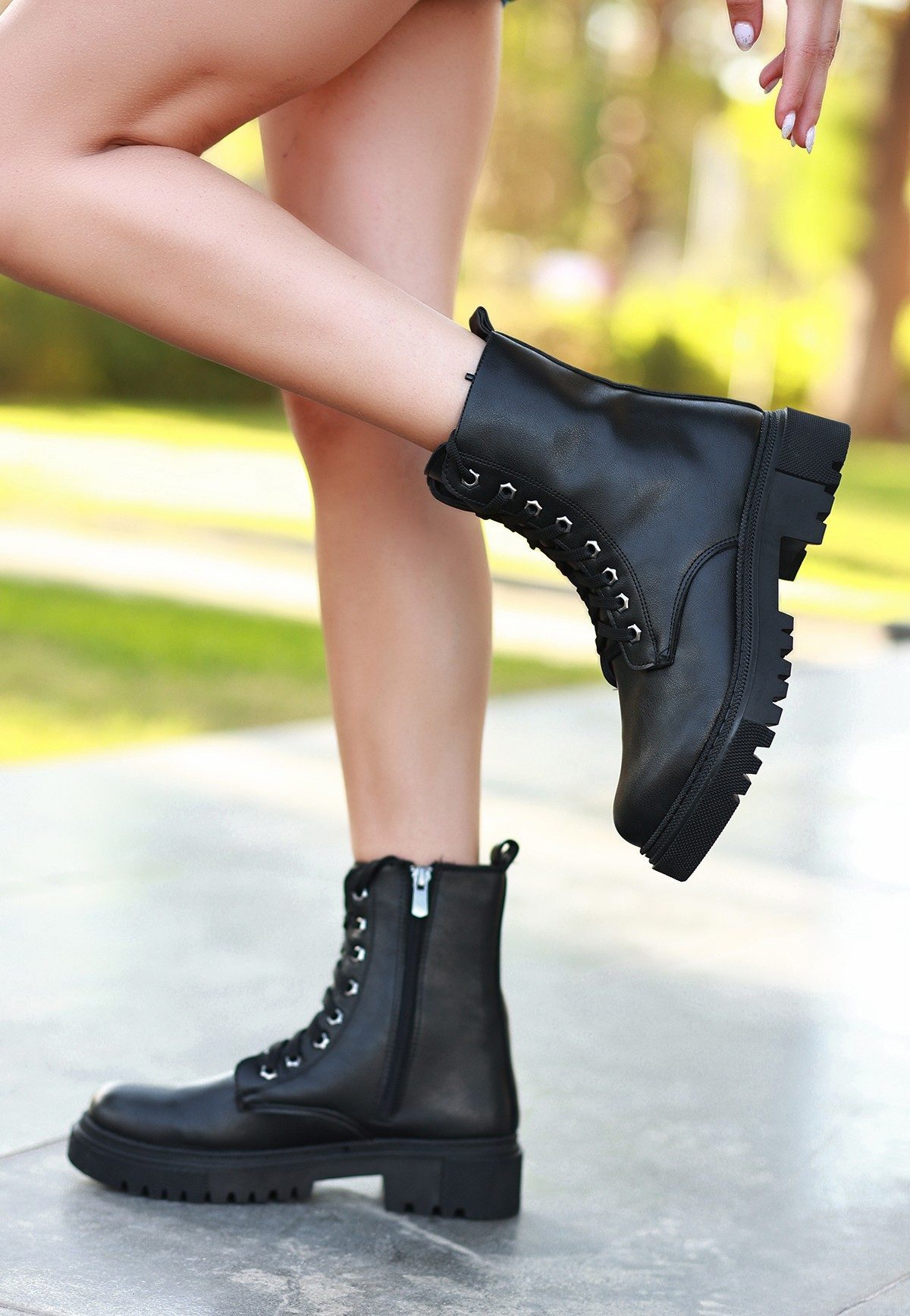 Black Skin Lace-up Boots