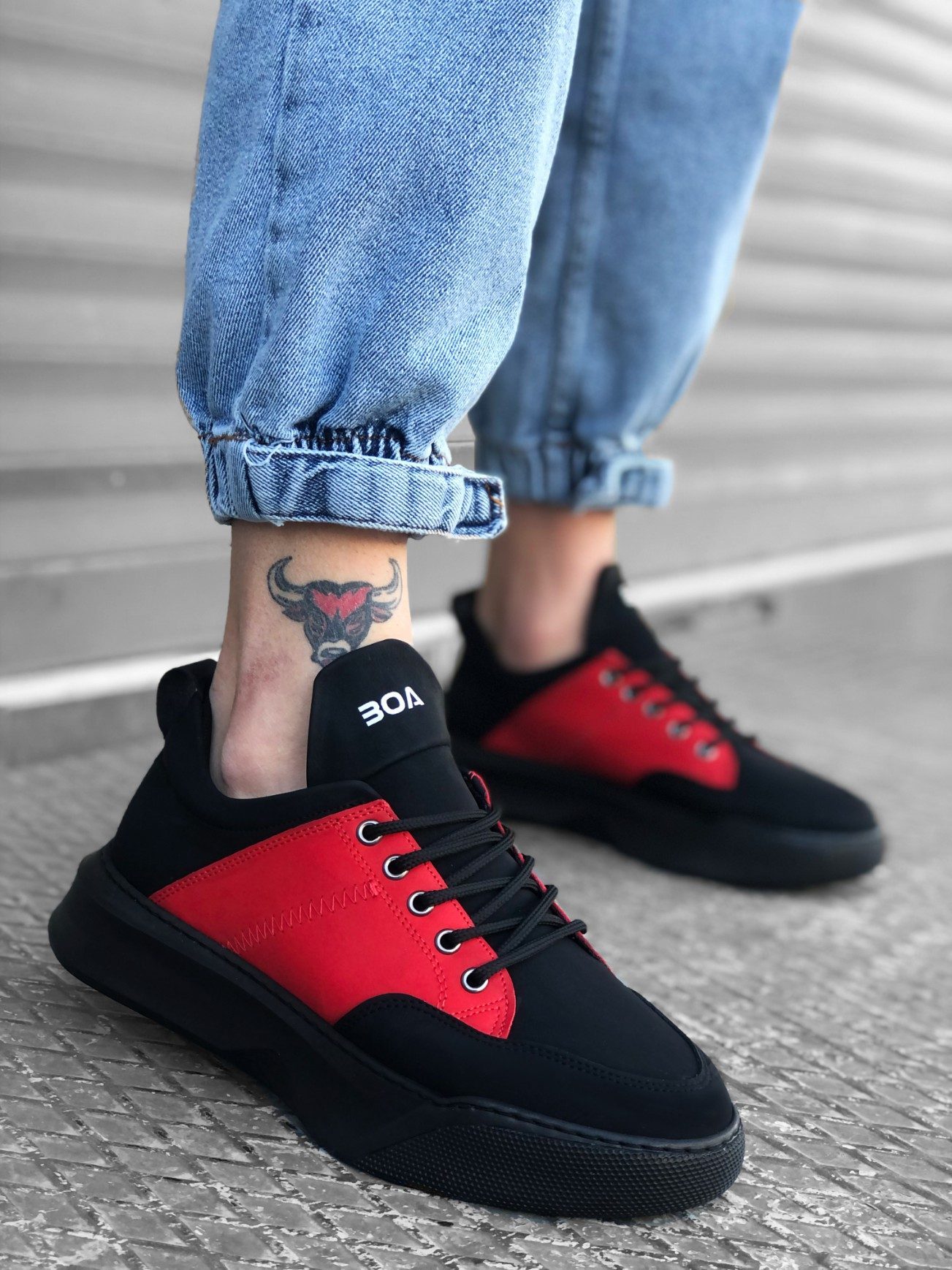 Lace-up Men's High Sole Black Red Sneakers