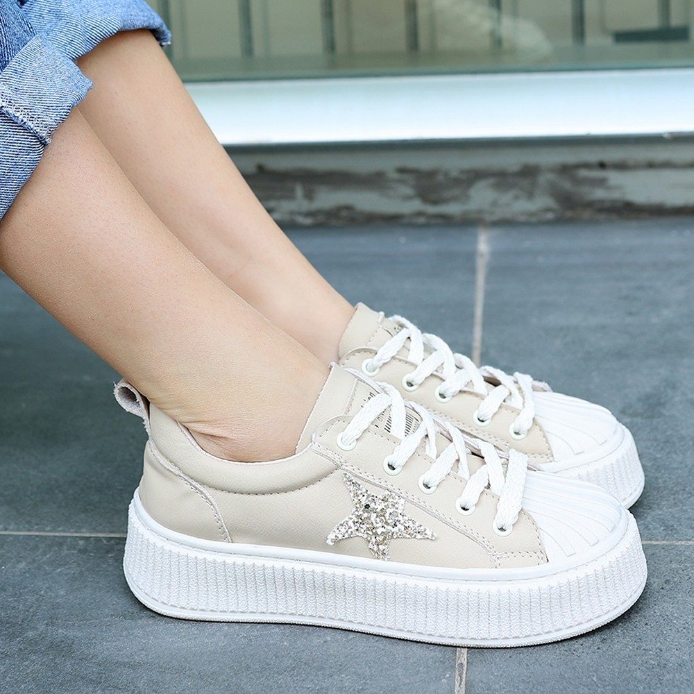 Beige Skin Lace-Up Sneakers