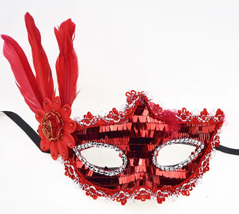 Red Sequin Sequin Red Color Side Feather Party Mask 18x22 cm