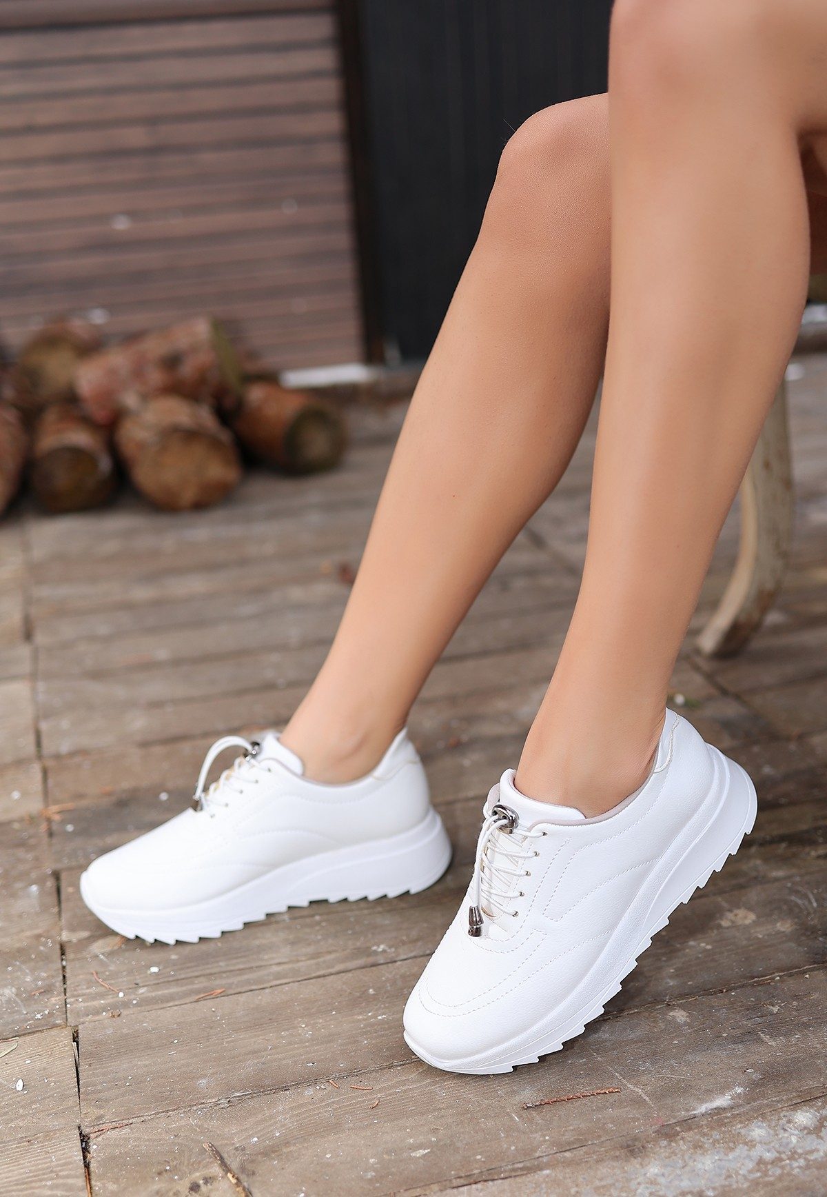 White Skin Lace-Up Sneakers