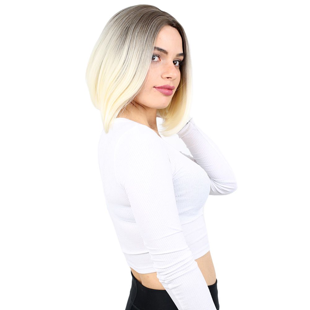 Straight Short Kanekalon Fiber Synthetic Wig without bangs / Ashy Light Brown / Platinum Ombré