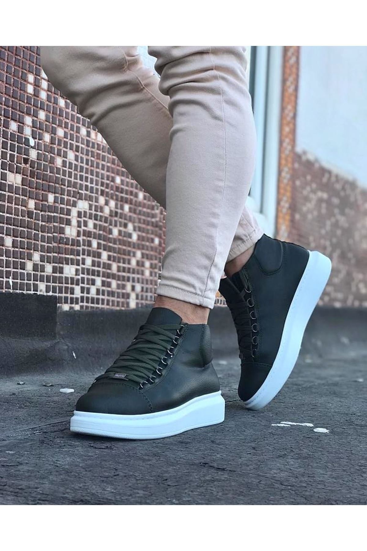 Khaki Lace-up Sneakers Ankle Boots