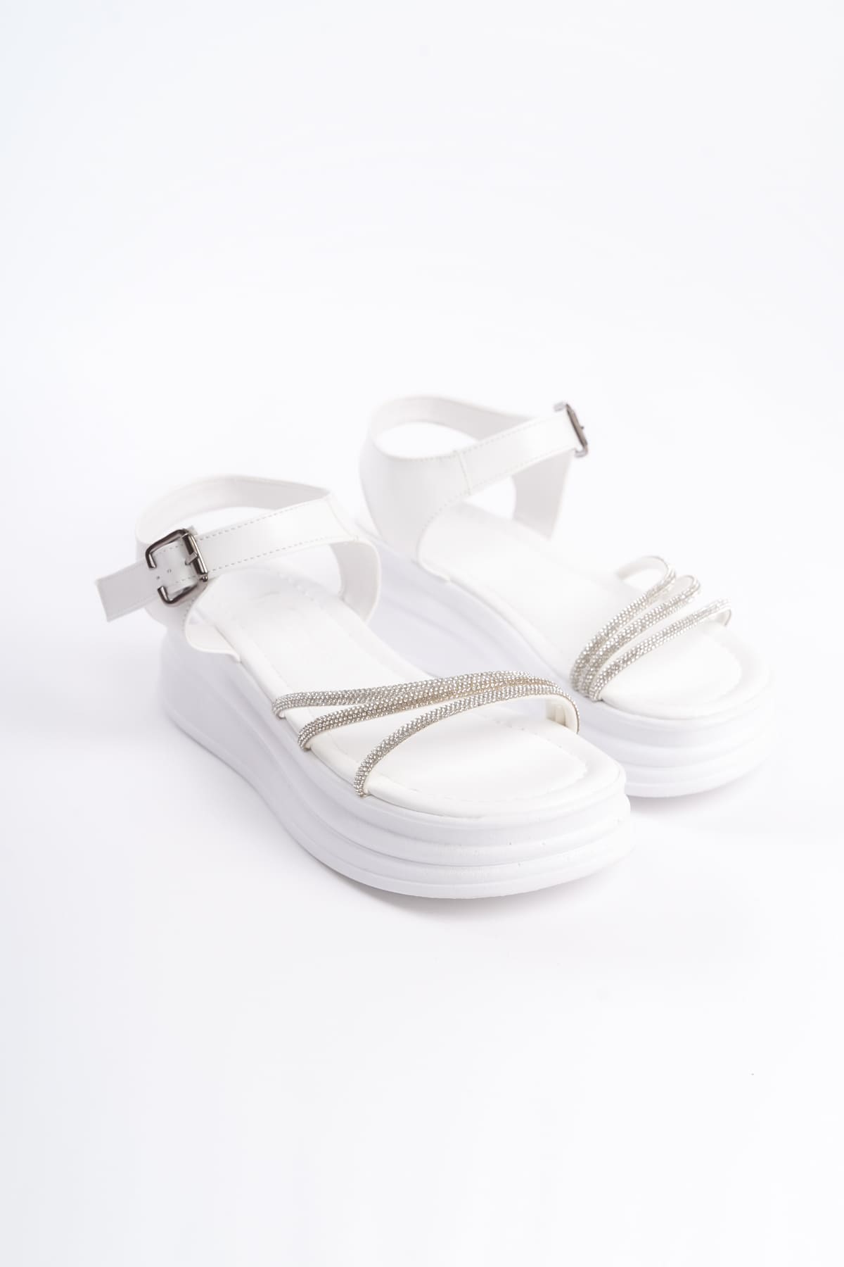 CLZ948 Thick Buckle Stony Stripe Orthopedic Sole Women's Sandals BT White