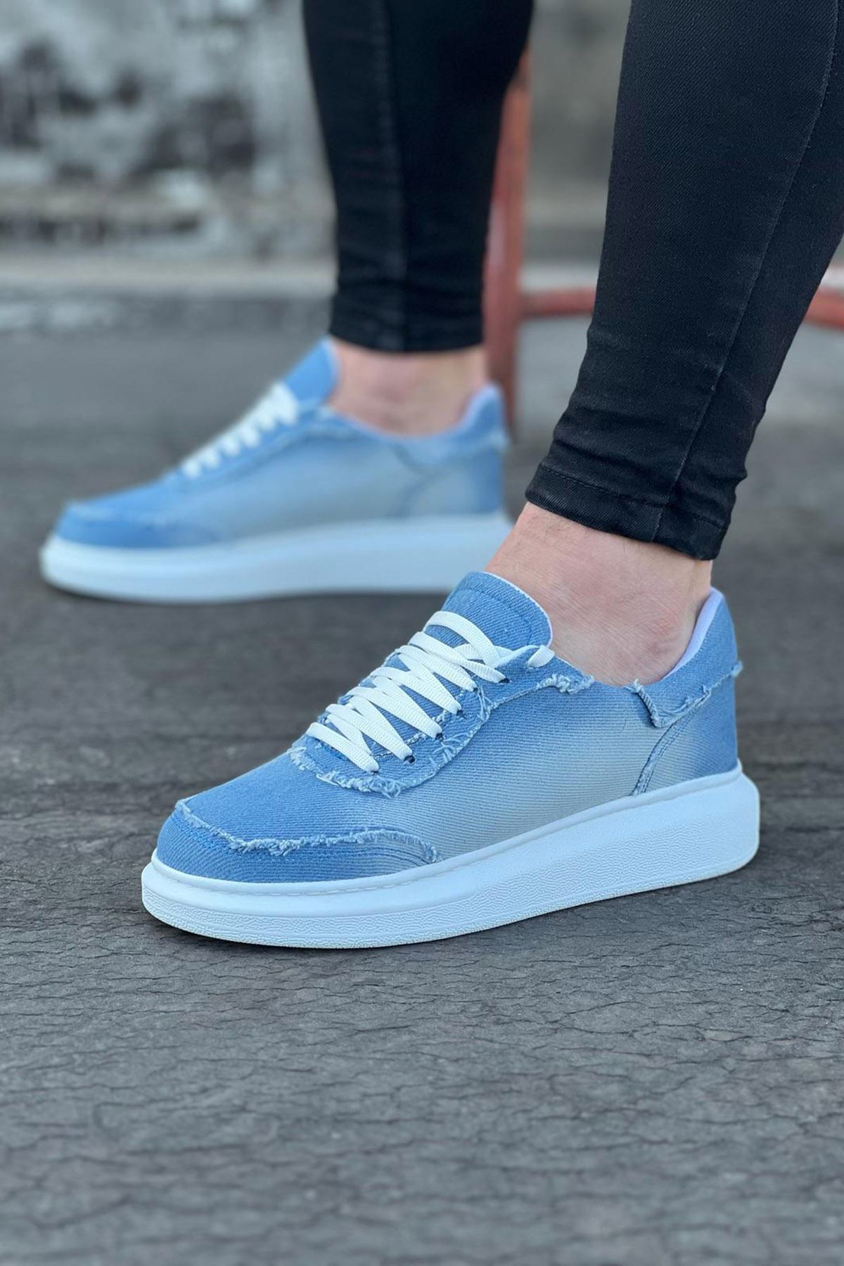 Ice Blue Denim Fabric Men's Casual Shoes