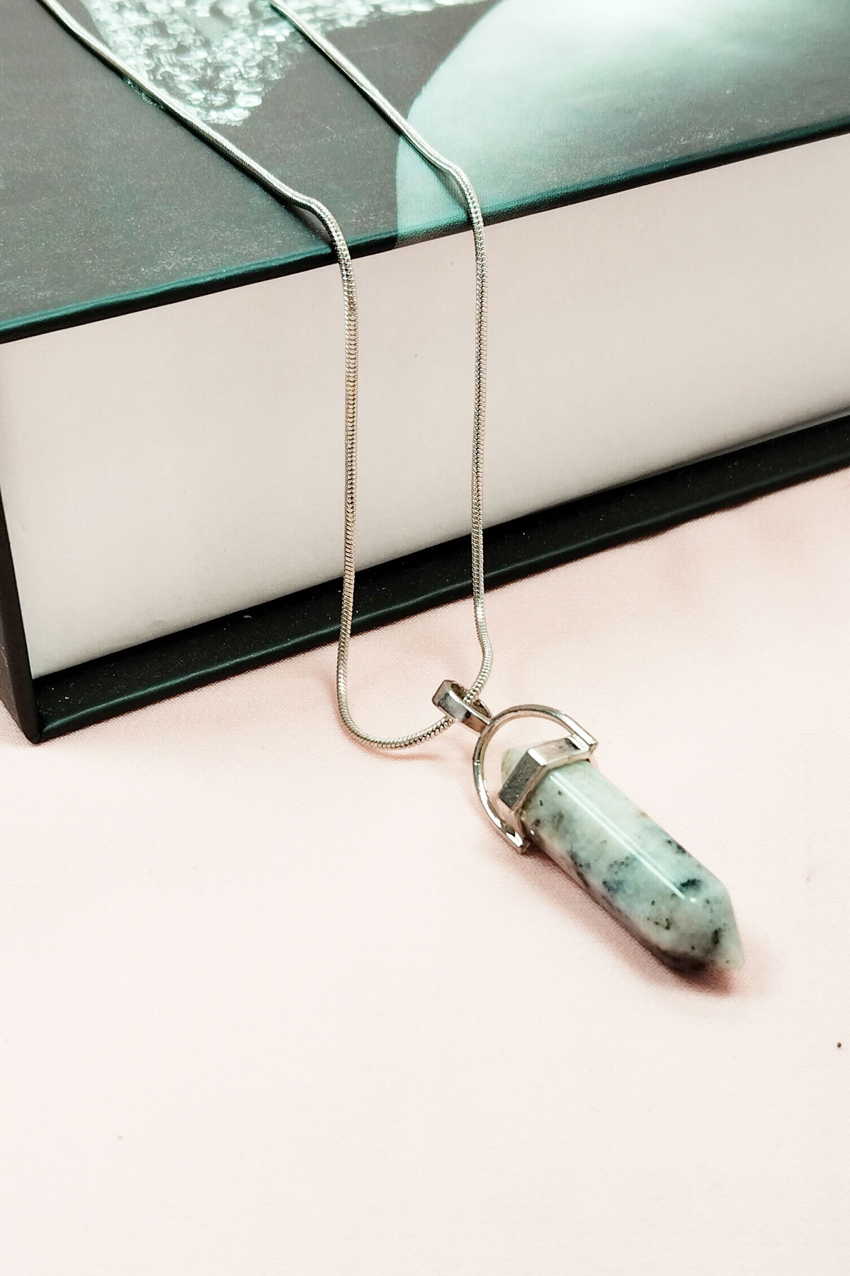 Blue Quartz Natural Stone Chain Necklace with Handmade Design Pendant: 3.5 cm Chain: 20 cm Boxed