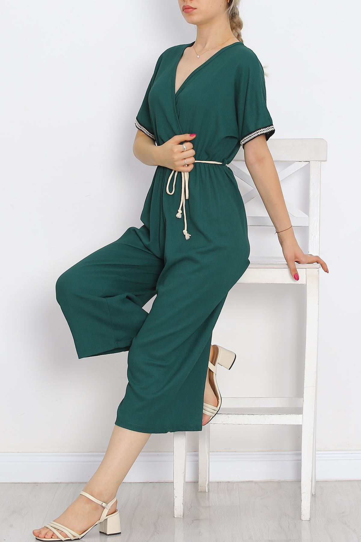 Knit Belt Burlap Jumpsuit Emerald