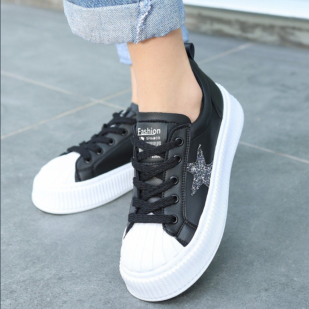 Black Skin White Sole Lace-Up Sneakers