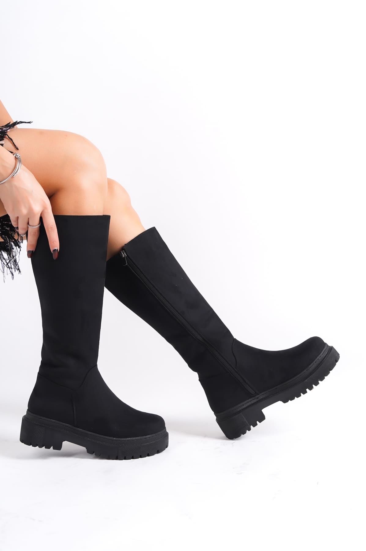 CLZ948 Lace-up Zippered Suede Orthopedic Sole Water and Cold Resistant Women's Boots ST Black