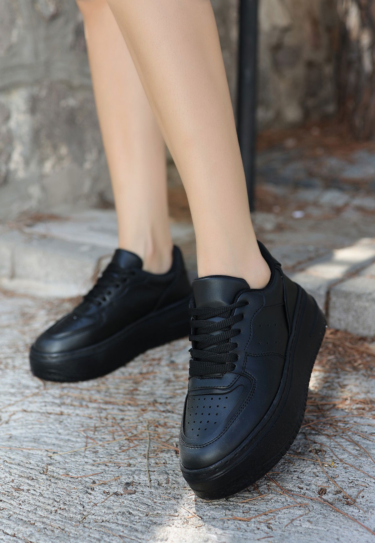 Black Skin Lace-Up Sneakers