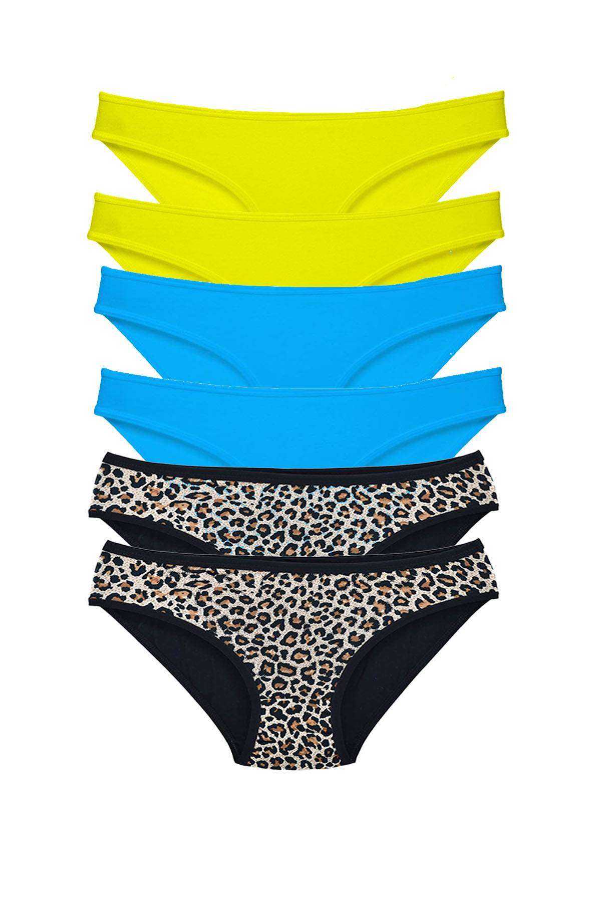 6 Pcs Lycra Women Slip Panties Leopard Yellow Blue