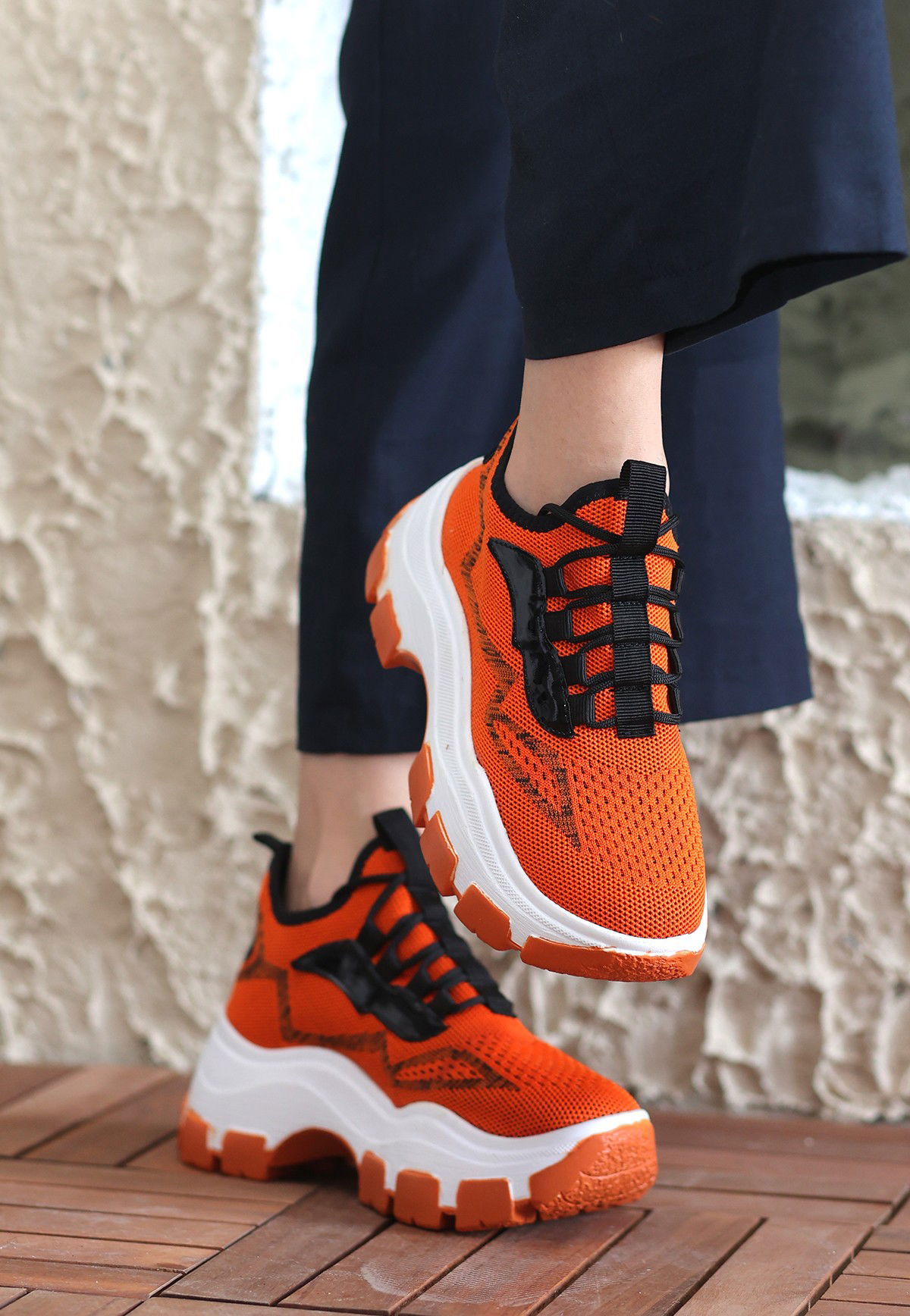 Orange Tricot Lace-up Sneakers