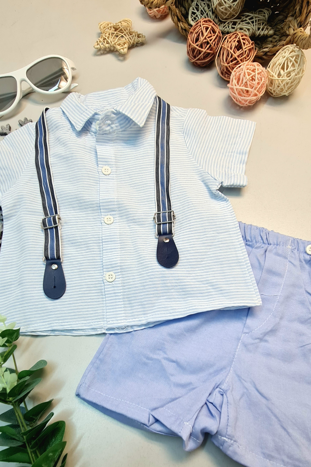 Baby Blue Shorts Shirt Summer Suit Classic Striped Shirt with Shoulder Straps - Turk