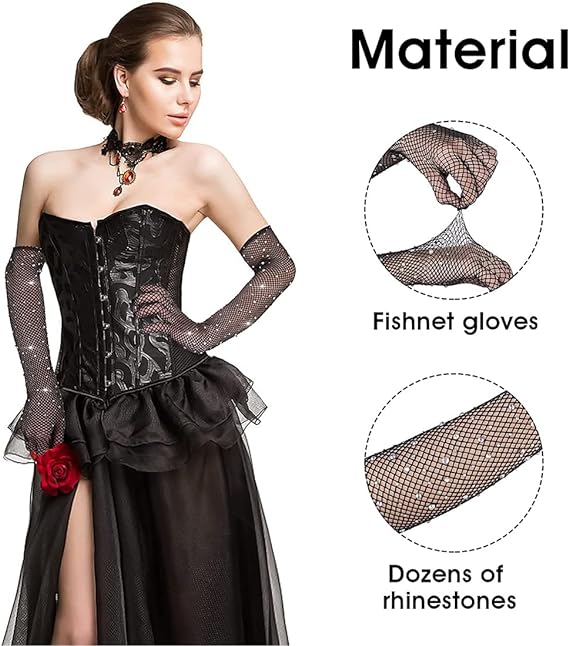 Black Color Pearl Diamond Embroidered Mesh Knit Long Gloves 45 cm